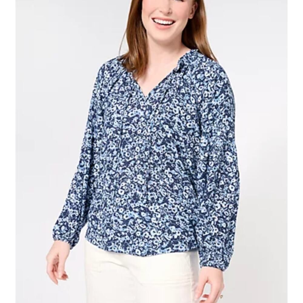 NEW Encore Idina Menzel Ruffle Neck Full Sleeve Romantic Blouse Sz S QVC